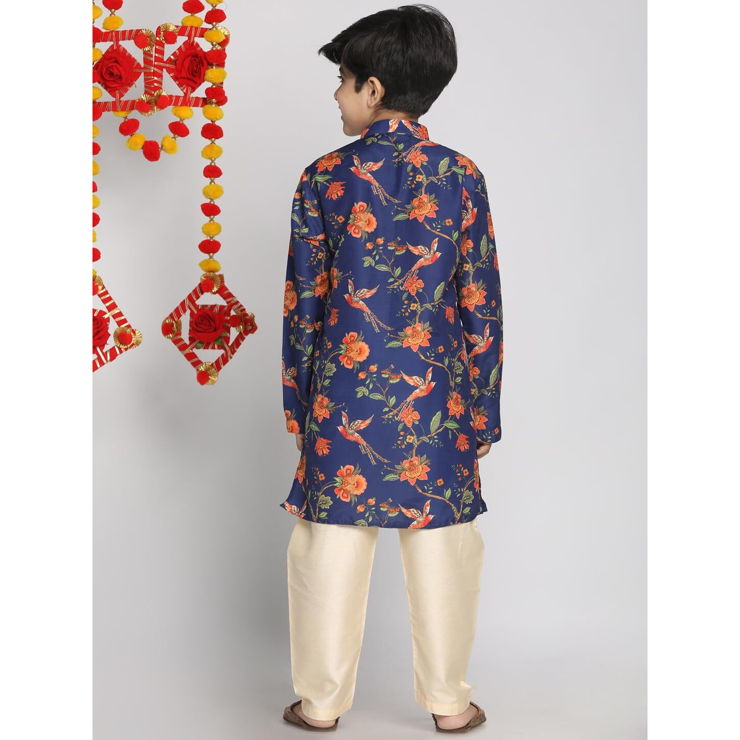 VASTRAMAY Soft Muslin Floral Printed Kurta with Gotta Border and Cream Pyjama Set  Elegant Eid Outfit for Boys