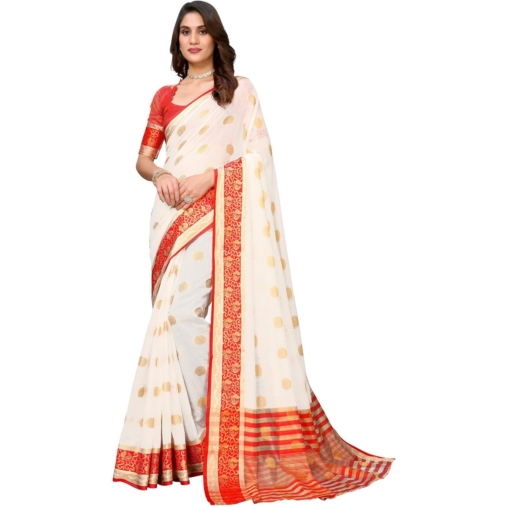 Yashika Women's Woven Latest Banarasi Kanjivaram Cotton Silk Saree with Unstitched Blouse Material-Suitable for Durga Puja and Festival (AZ-YS-P1-DURGA KERI_White)