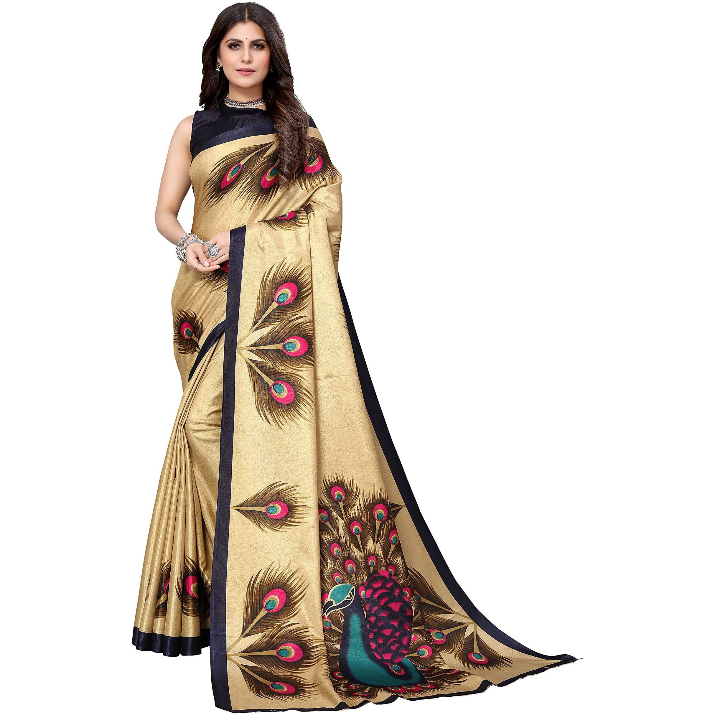 Yashika Women's Plain Printed Art Silk Saree (Golden PEACOCK01