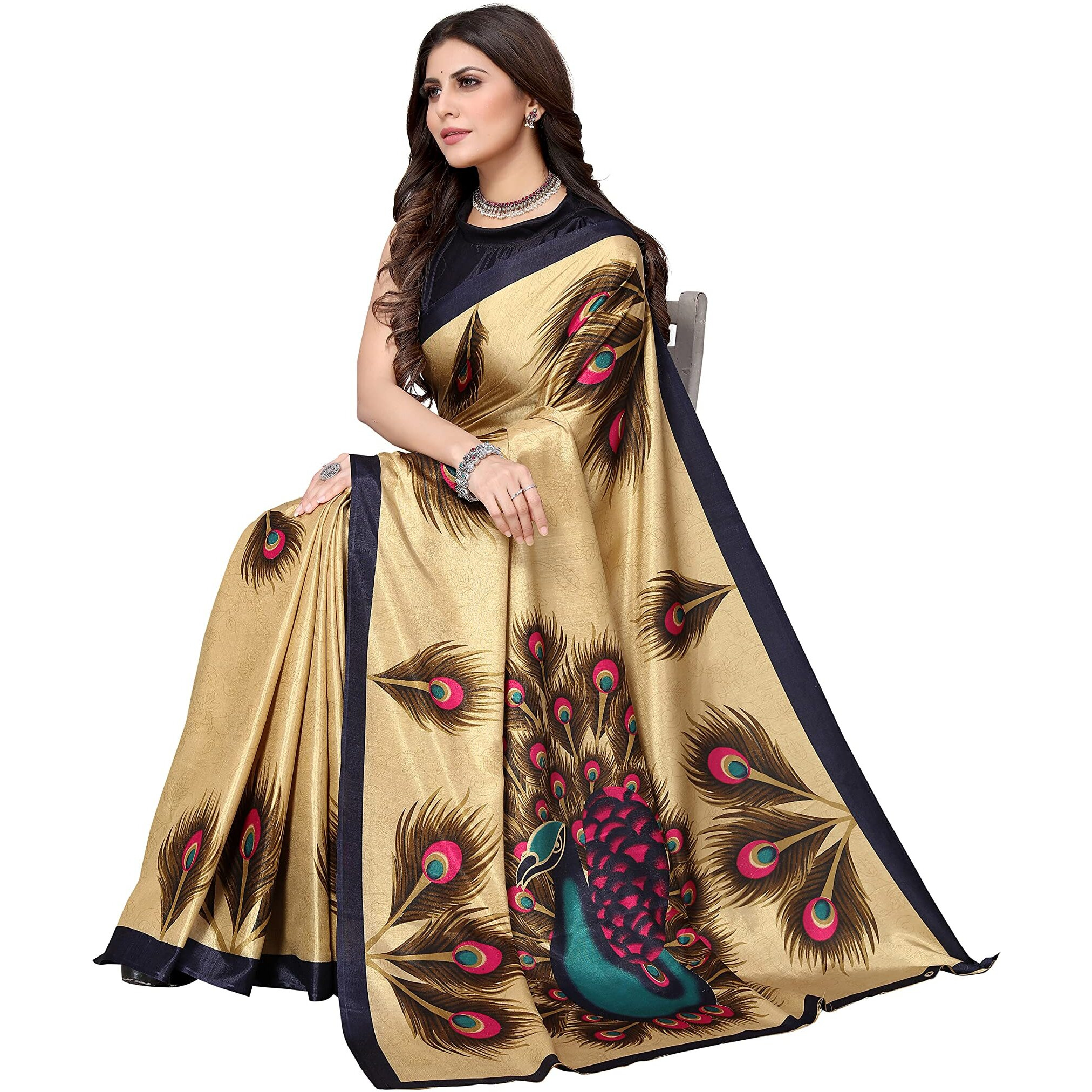 Yashika Women's Plain Printed Art Silk Saree (Golden PEACOCK01