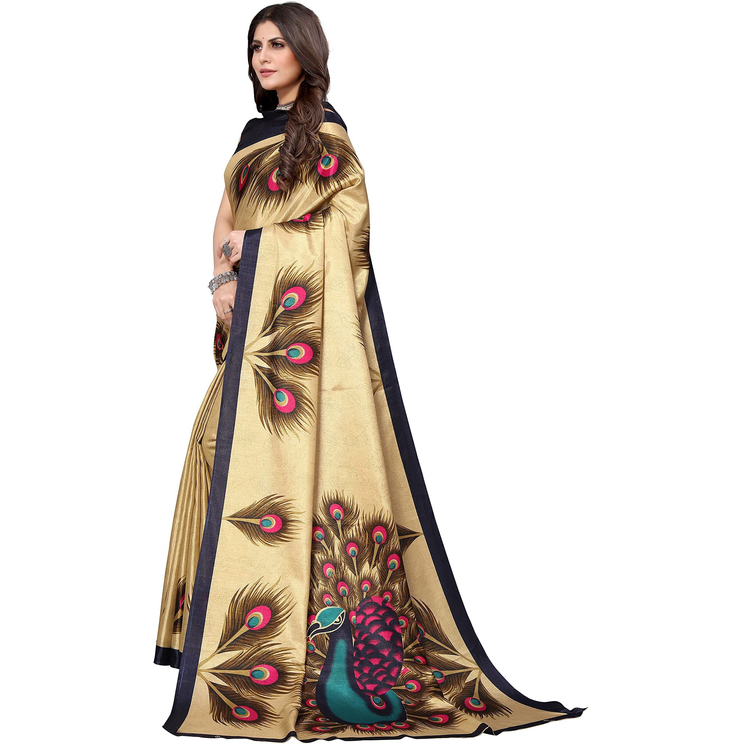 Yashika Women's Plain Printed Art Silk Saree (Golden PEACOCK01