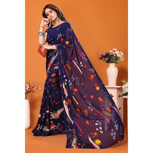 Yashika Women's Trendy Printed Georgette Blue Color Saree with Blouse Material(RUBI NAVY)