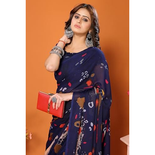 Yashika Women's Trendy Printed Georgette Blue Color Saree with Blouse Material(RUBI NAVY)