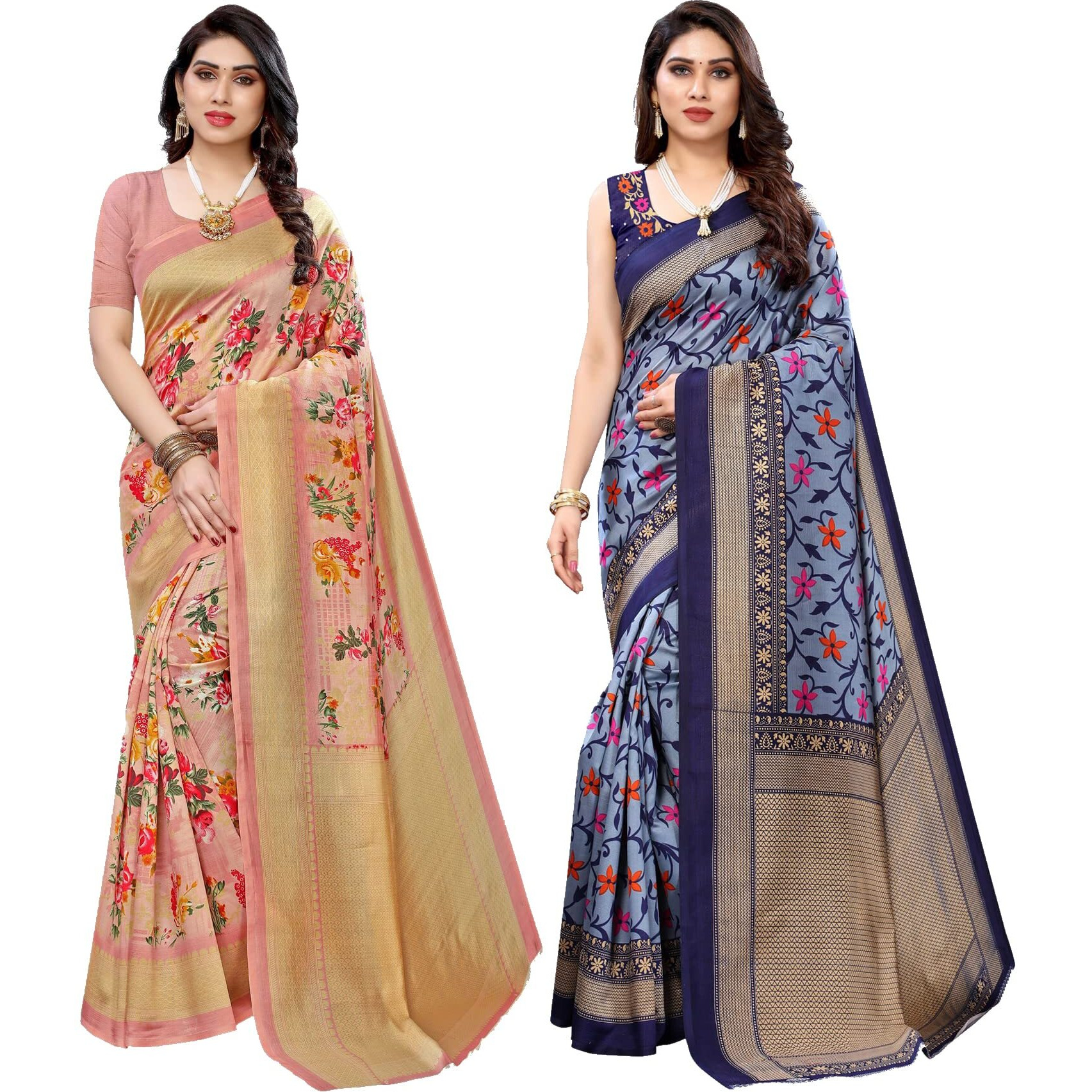 Yashika Women's Combo Art Silk Printed Saree With Blouse Piece Pack Of 2(AIR PEACH-SWATI NAVY)