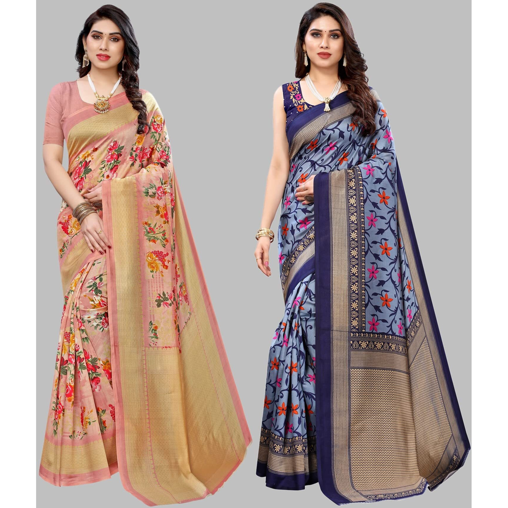 Yashika Women's Combo Art Silk Printed Saree With Blouse Piece Pack Of 2(AIR PEACH-SWATI NAVY)