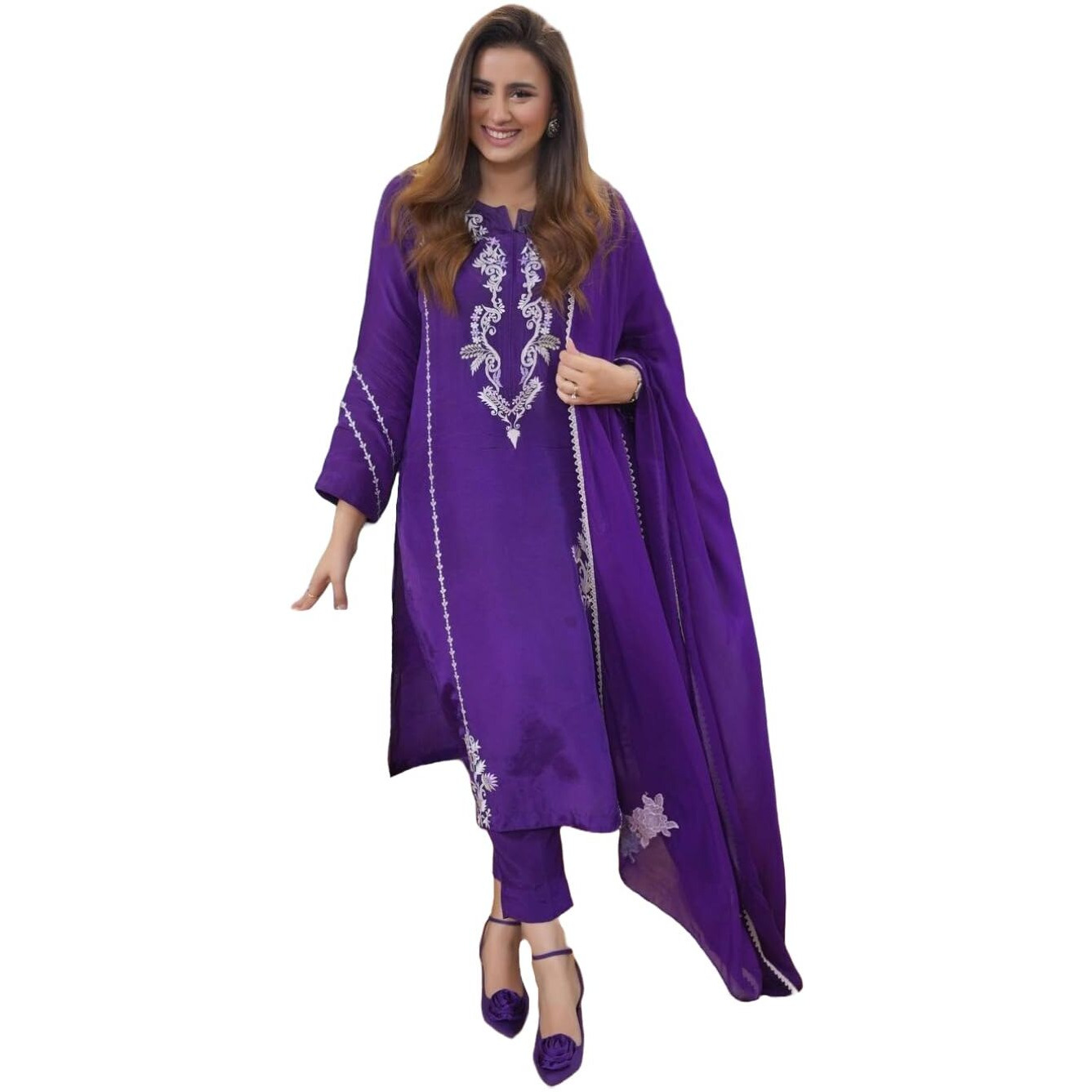 ANNI DESIGNER Women's Rayon Blend Embroidered Straight Kurta with Pant & Dupatta (JAYASHUDA BEGANI_S_Begani_Small)