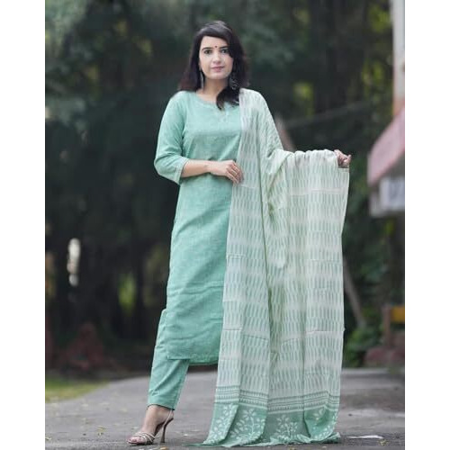 ANNI DESIGNER Women's Cotton Blend Printed Straight Kurta with Pant & Dupatta (PRAGYA See Green_XL_See Green_X-Large)