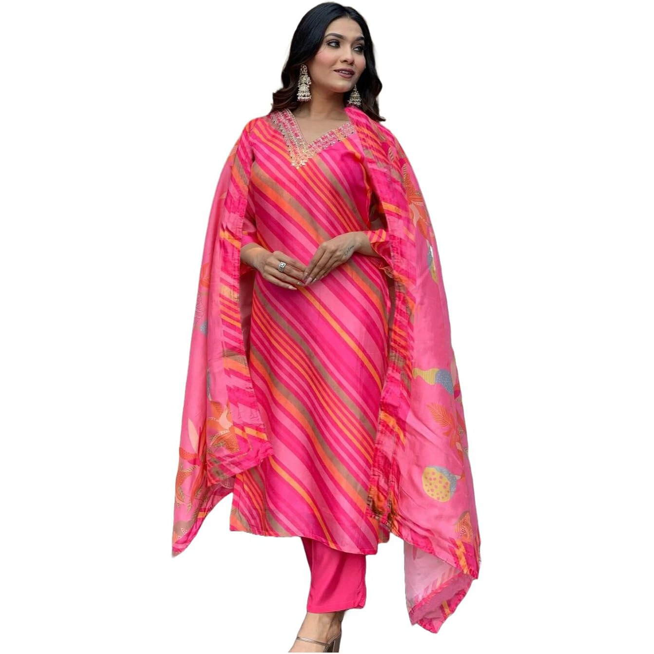 ANNI DESIGNER Women's Cotton Blend Straight Printed Kurta with Pant & Dupatta (Mang Pink_L_Pink_Large)