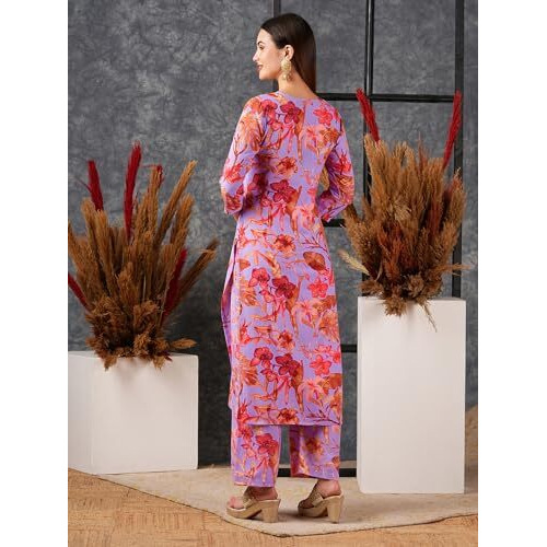 ANNI DESIGNER Women's Cotton Blend Straight Printed Kurta with Palazzo (Chinki Purple_M_Purple_Medium)