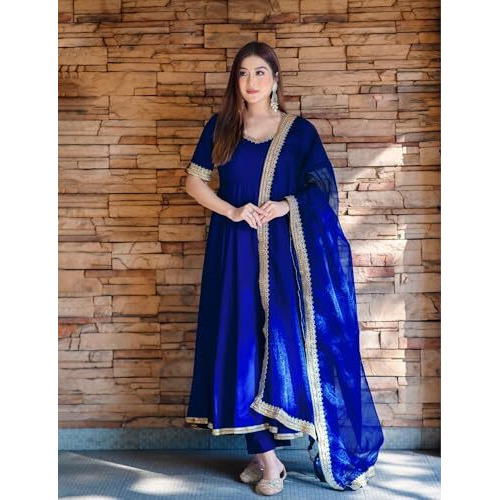 ANNI DESIGNER Women's Rayon Blend Anarkali Solid Kurta with Pant & Dupatta & Dupatta (Shyam Royal Blue_XXL_Blue_XX-Large)
