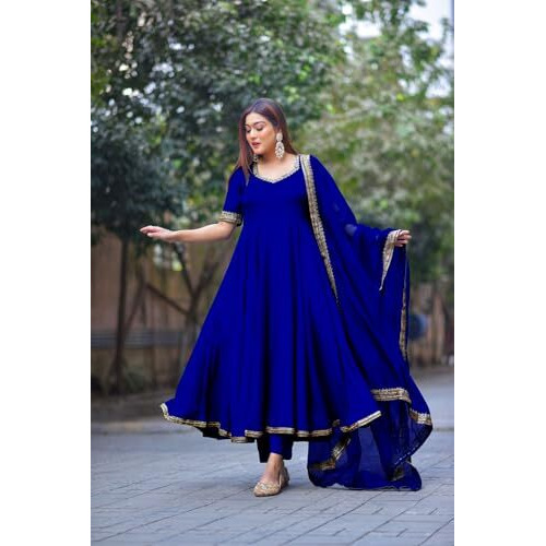 ANNI DESIGNER Women's Rayon Blend Anarkali Solid Kurta with Pant & Dupatta & Dupatta (Shyam Royal Blue_XXL_Blue_XX-Large)