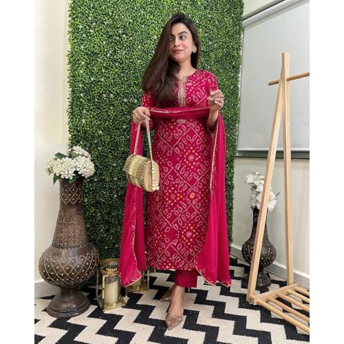 ANNI DESIGNER Women's Rayon Blend Straight Printed Kurta with Pant & Dupatta (TURAE Rani_4XL_Pink_XXXX-Large)