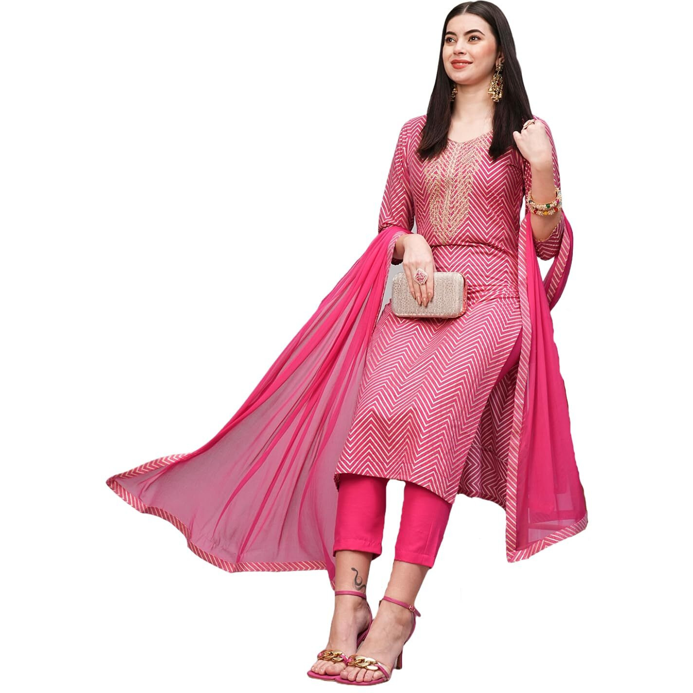 ANNI DESIGNER Women's Cotton Blend Straight Printed Kurta with Pant & Dupatta (DMPL RANI_XXL_Pink_XX-Large)