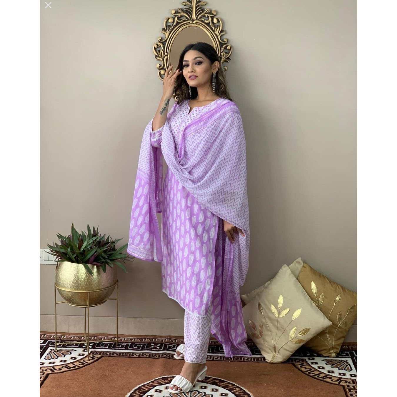 ANNI DESIGNER Women's Cotton Blend Straight Printed Kurta with Pant & Dupatta (Baiyaan Purple_M_Purple_Medium)