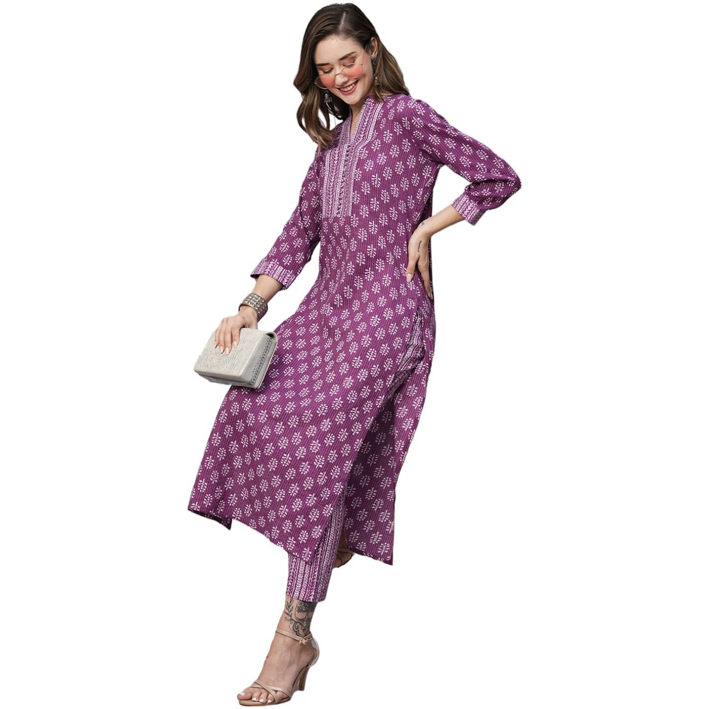 ANNI DESIGNER Women's Cotton Blend Straight Printed Kurta with Pant (Raina Purple_L_Purple_Large)