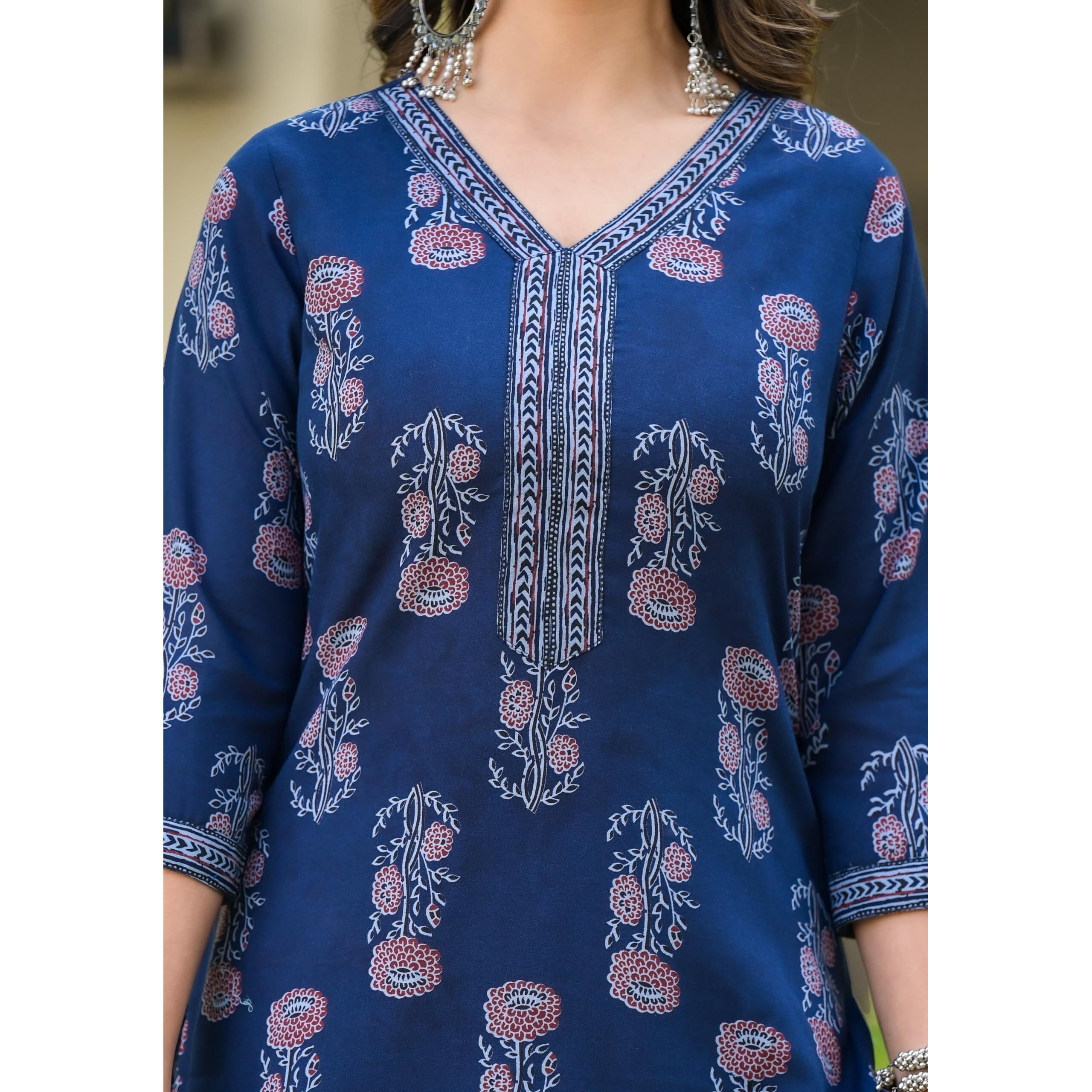 KLOSIA Women Straight Floral Printed Kurta and Pant Set with Dupatta (Indigo Blue) | Ethnic Set | Dupatta Set | Suit Set | Kurta Set | Wedding Suit | (Small)