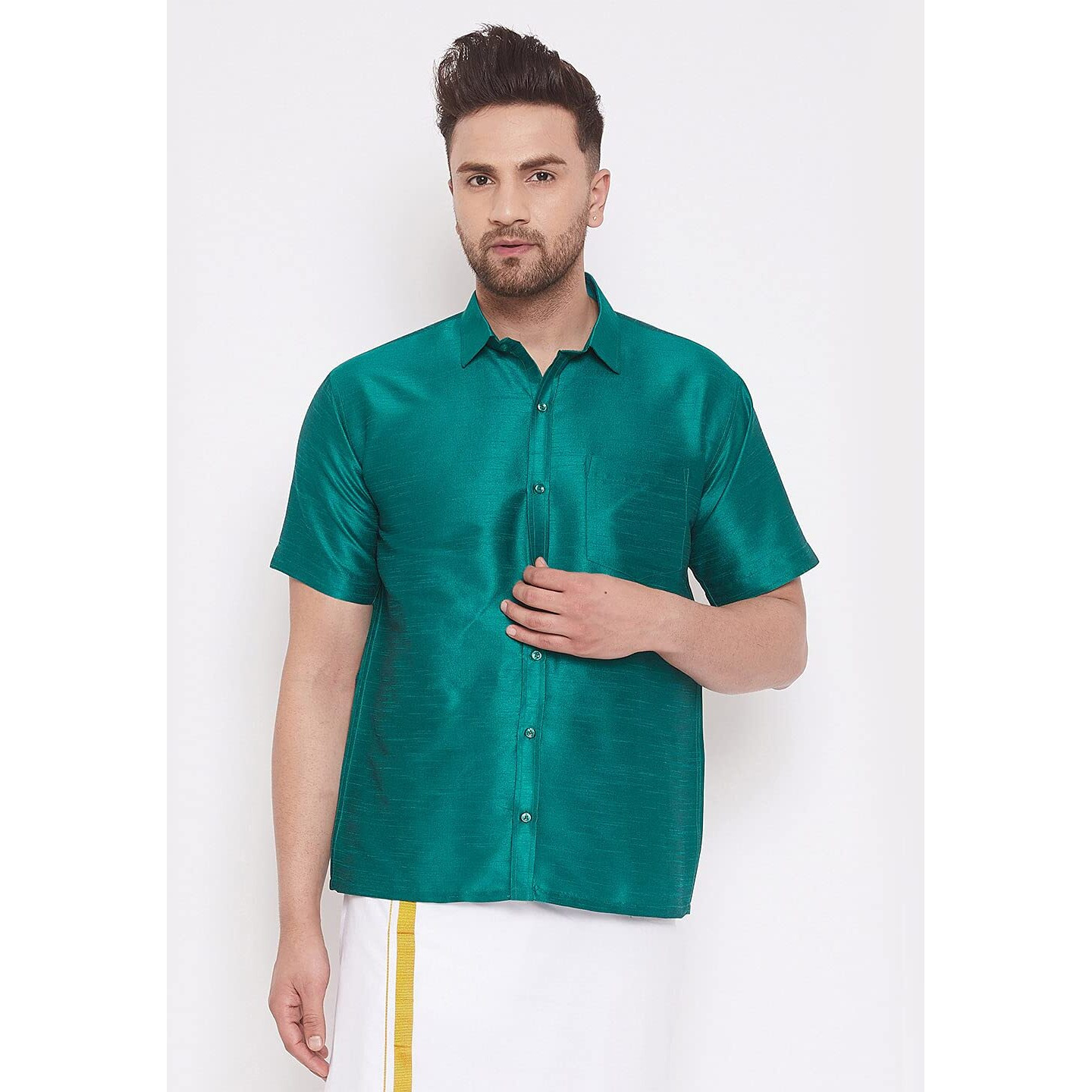 VM Mens Silk Blend Bottle Green Shirt - Effortless Style for Everyday Comfort | Ethnic South Indian Silk Shirt Half Sleeves | Modern Designs and Contemporary Fit_VASMSH001GN_40