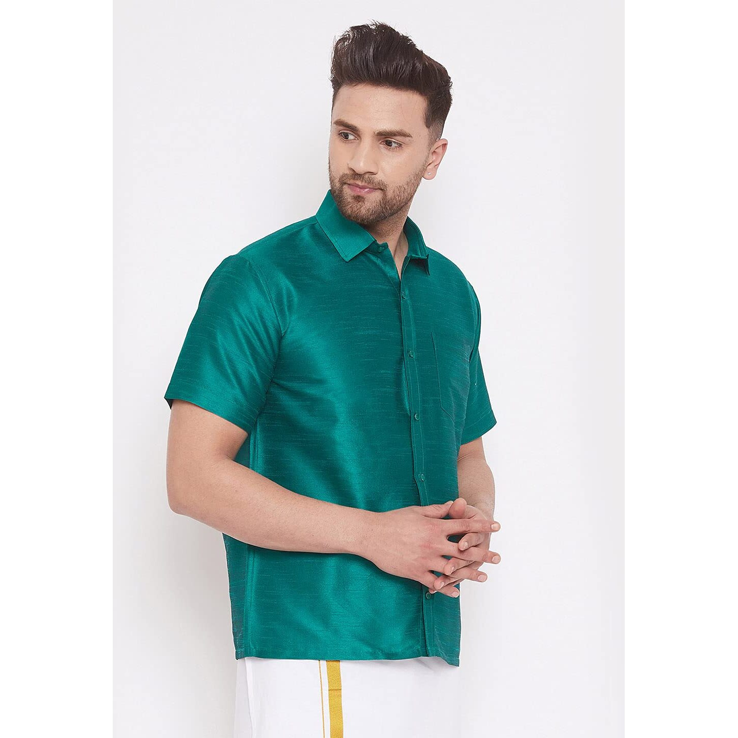 VM Mens Silk Blend Bottle Green Shirt - Effortless Style for Everyday Comfort | Ethnic South Indian Silk Shirt Half Sleeves | Modern Designs and Contemporary Fit_VASMSH001GN_40