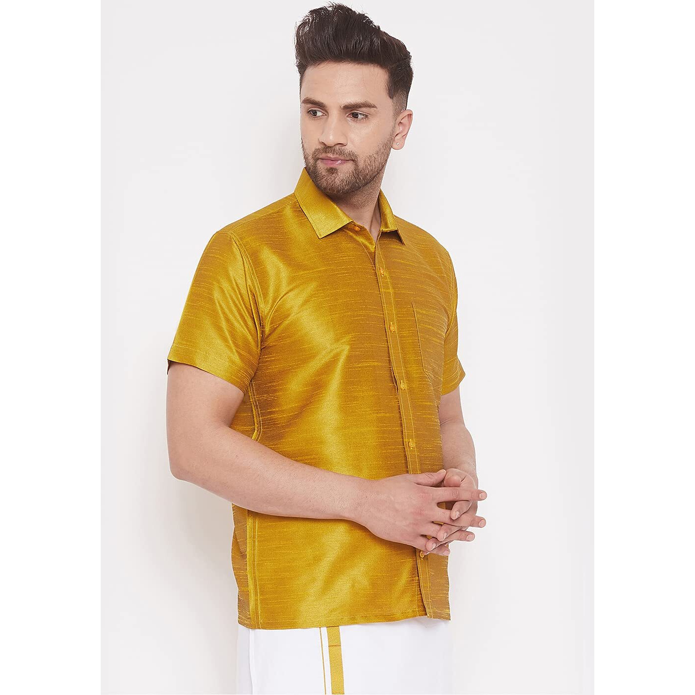 VASTRAMAY Men's Mustard Yellow Silk Blend Ethnic Shirt Half Sleeves  South Indian Traditional Chennai Shirt for Weddings, Parties, and Festive Occasions (Sizes S - XL)