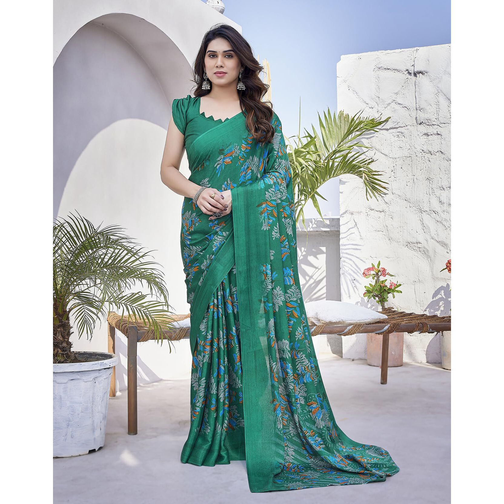 Yashika Women's Elegant Chiffon Saree Set with Matching Blouse - Unveiling Timeless Style and Grace in Every Draped Detail Perfect for Special Occasions (AZ-YS-P1-SHALINI GREEN)
