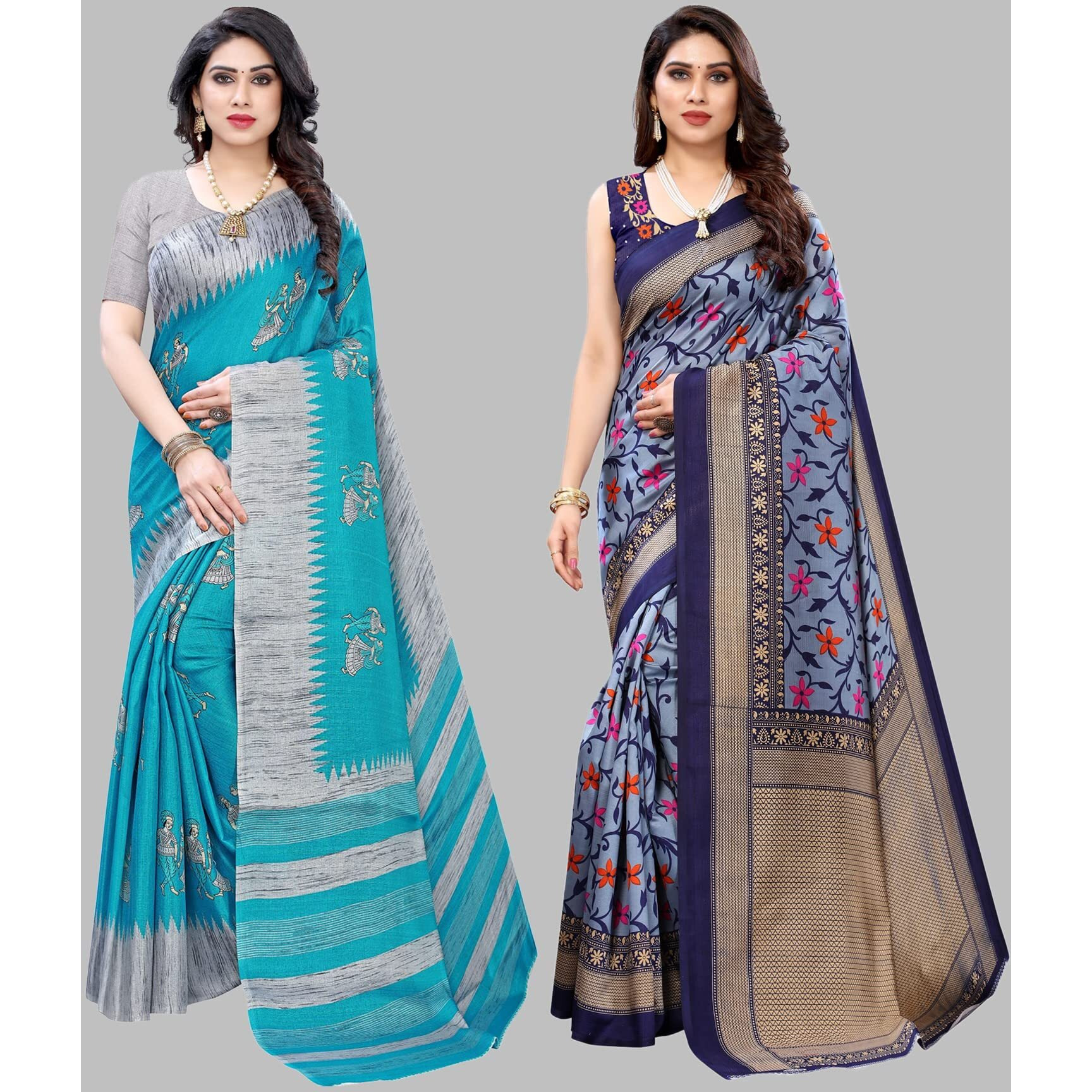 Yashika Women's Combo Art Silk Printed Saree With Blouse Piece Pack Of 2(NAURTA BLUE-SWATI NAVY)