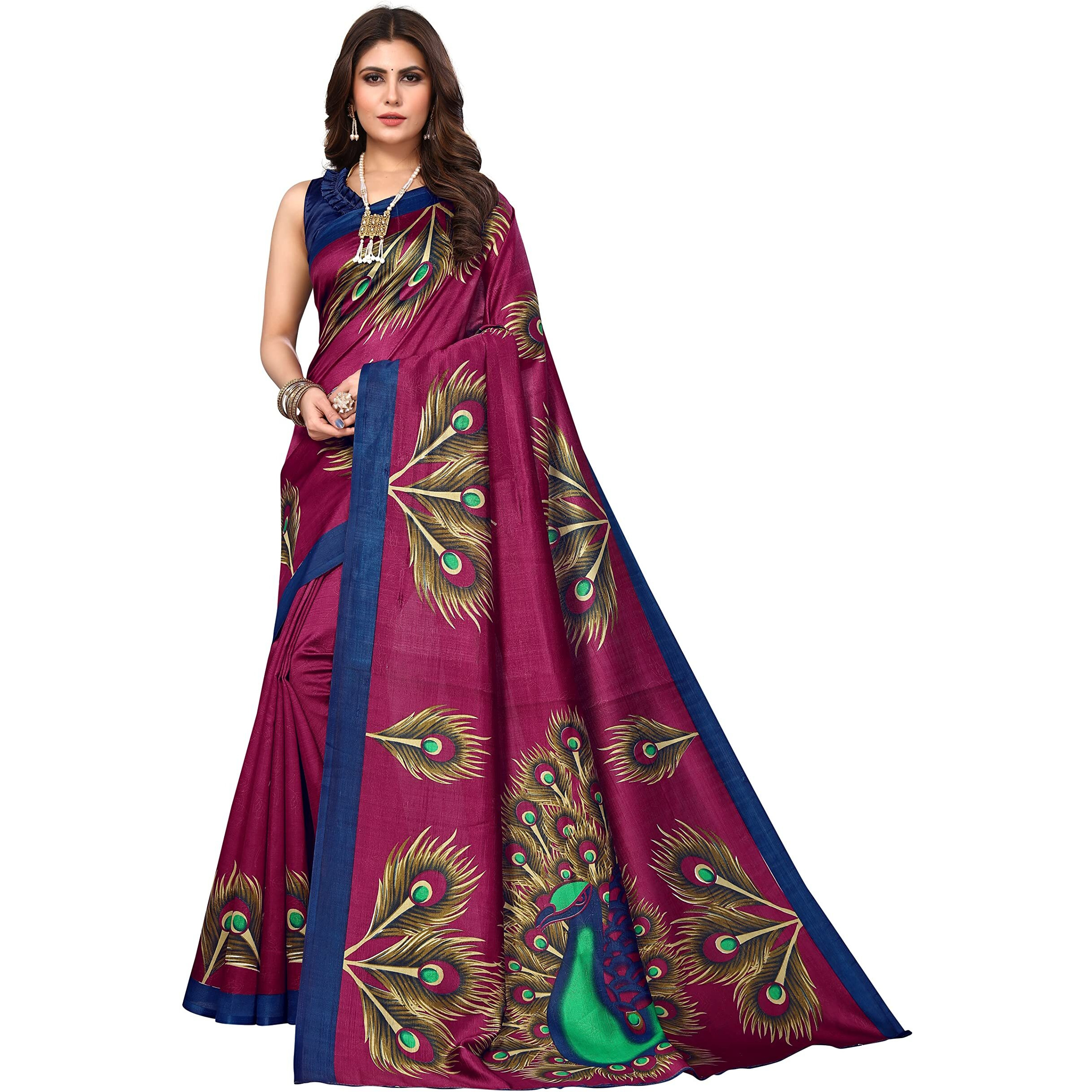 Yashika women's art silk kalamkari bhagalpuri and kashmiri style soft saree with blouse piece (Multi-Color_Free_Size) PURPLE PEACOCK