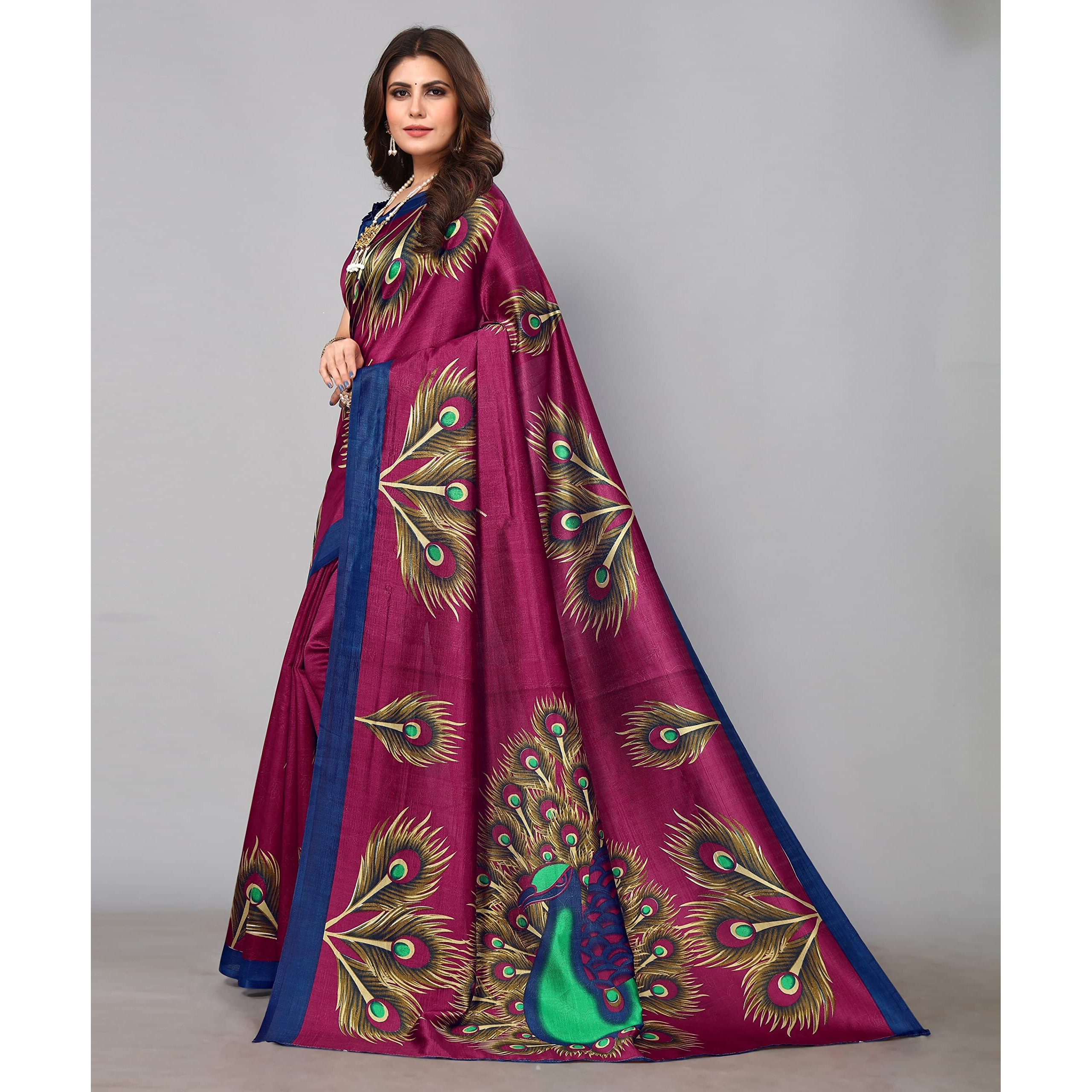 Yashika women's art silk kalamkari bhagalpuri and kashmiri style soft saree with blouse piece (Multi-Color_Free_Size) PURPLE PEACOCK
