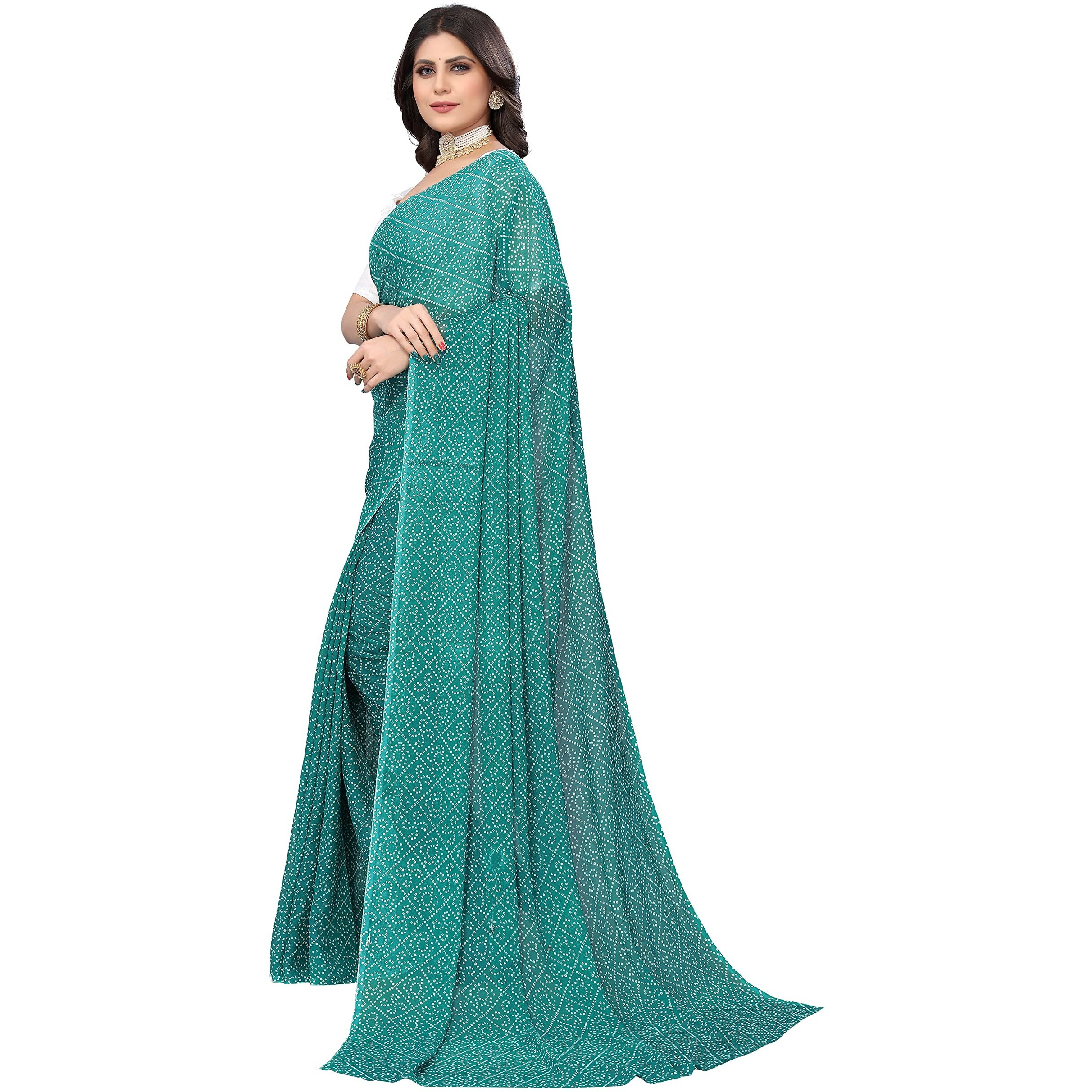 Yashika Women's Turquoise Green Georgette Bandhani Printed Saree with Unstitched Blouse Piece (SATHYA GREEN)