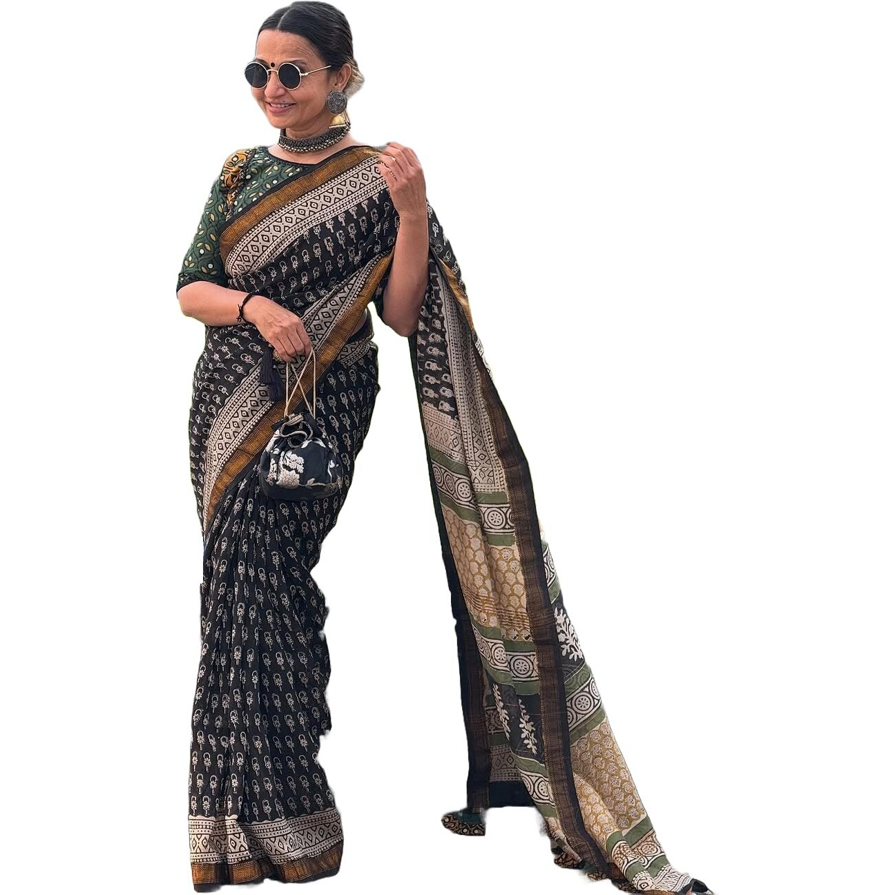 Yashika Women's Digital Print Cotton Silk Blend Saree with Gold Weaving Border and Tassels - Elegant Ethnic Wear for Festive and Casual Occasions (AZ-YS-OG-NAZIMA GREEN)