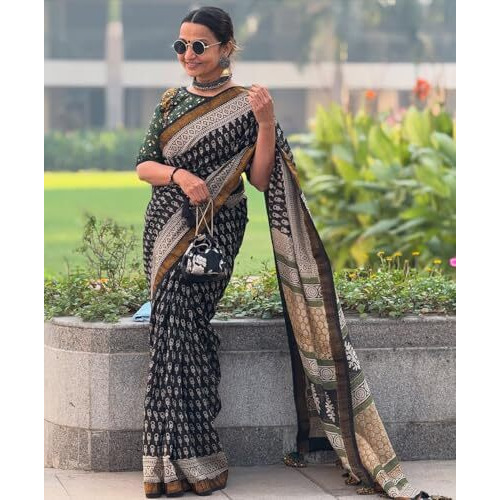 Yashika Women's Digital Print Cotton Silk Blend Saree with Gold Weaving Border and Tassels - Elegant Ethnic Wear for Festive and Casual Occasions (AZ-YS-OG-NAZIMA GREEN)