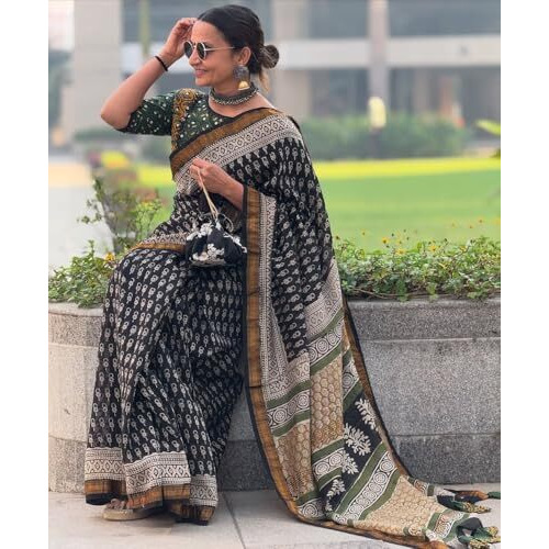 Yashika Women's Digital Print Cotton Silk Blend Saree with Gold Weaving Border and Tassels - Elegant Ethnic Wear for Festive and Casual Occasions (AZ-YS-OG-NAZIMA GREEN)