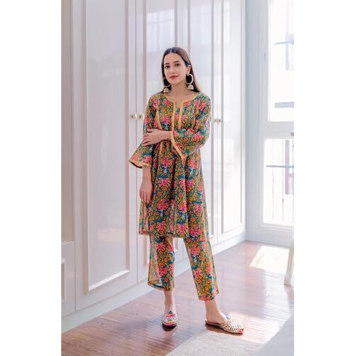 Yashika Women's Cotton Blend Floral Printed Kurta Pant Set Suitable for Every Indian Occasion (AZ-YS-OG-KS2172-Parent_Green