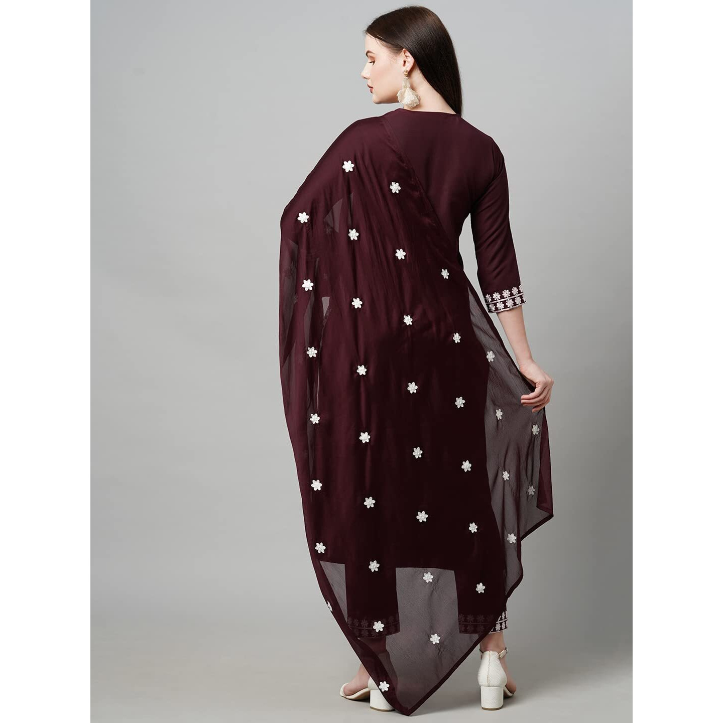 ANNI DESIGNER Women's Cotton Blend Embroidered Straight Kurta with Pant & with Dupatta (Dalfuna Wine_M_Wine_Medium)
