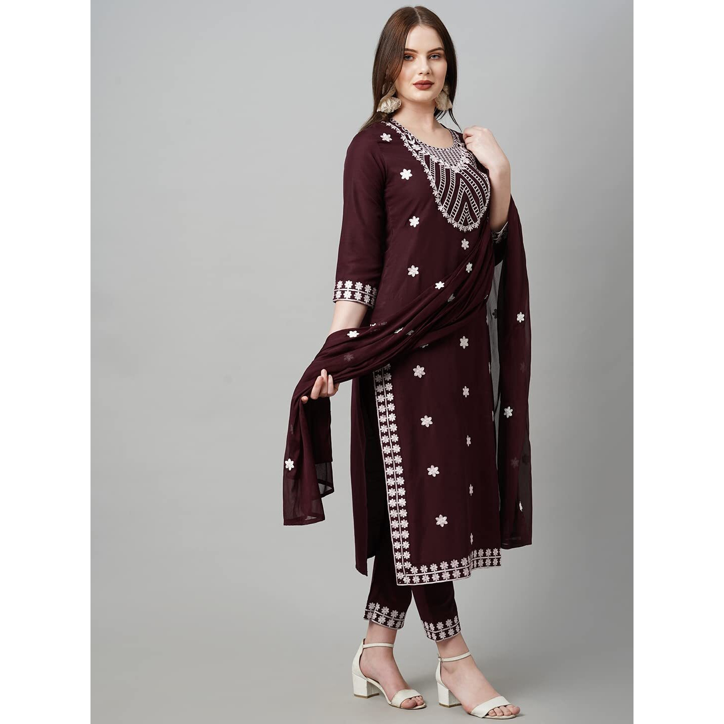 ANNI DESIGNER Women's Cotton Blend Embroidered Straight Kurta with Pant & with Dupatta (Dalfuna Wine_M_Wine_Medium)