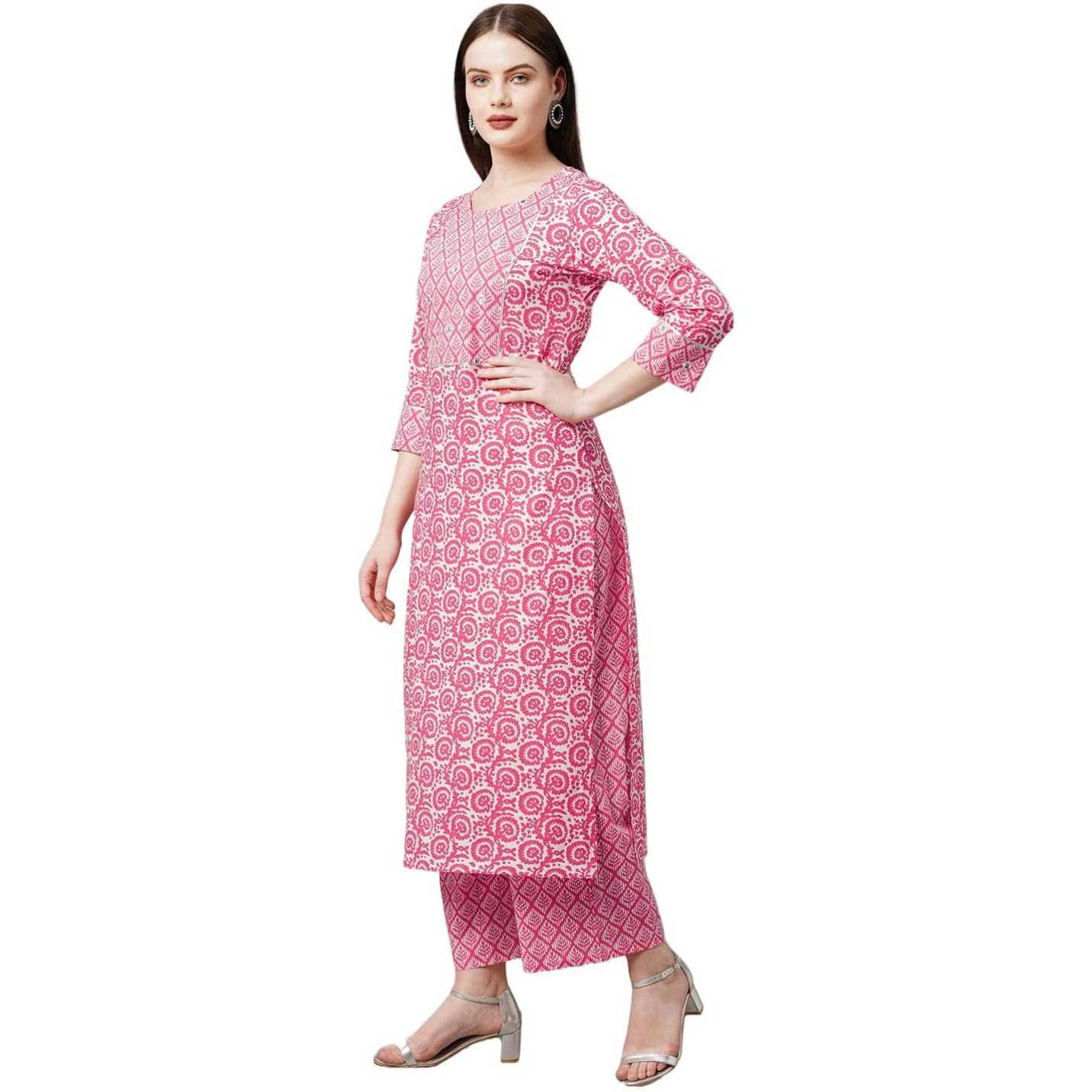 ANNI DESIGNER Women's Cotton Blend Traditional Straight Printed Kurta and Palazzo Set (Valab Pink_XXL_Pink_XX-Large)