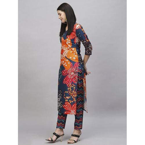 ANNI DESIGNER Women's Cotton Blend Straight Printed Kurta with Pant (Wahida Blue_S_Blue_Small)