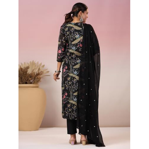 ANNI DESIGNER Women's Rayon Blend Printed Straight Kurta with Pant & Dupatta (GETO Black_S_Black_Small)
