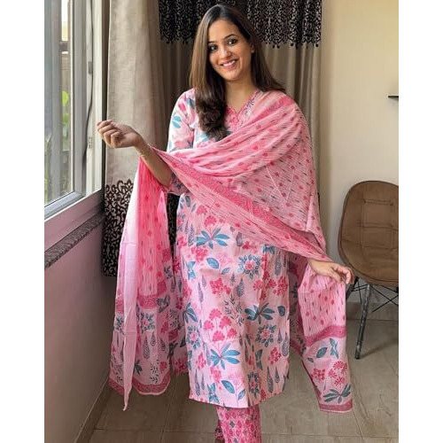 ANNI DESIGNER Women's Rayon Blend Straight Printed Kurta with Pant & Dupatta (Kumud Pink_S_Pink_Small)