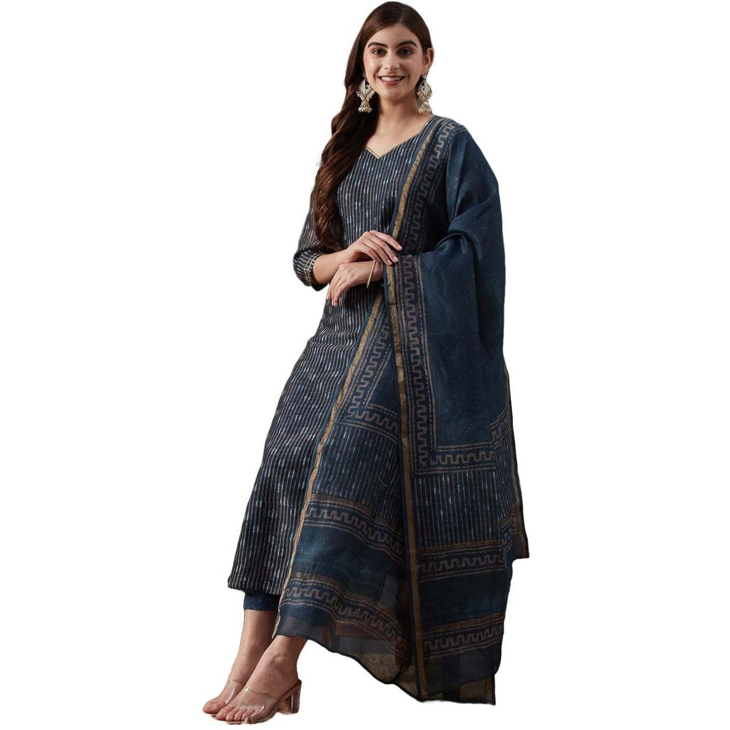 ANNI DESIGNER Women's Cotton Blend Straight Printed Kurta with Pant & Dupatta (Kabala Blue_L_Blue_Large)