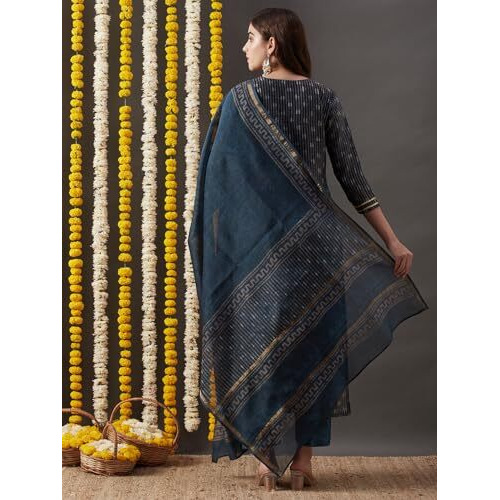 ANNI DESIGNER Women's Cotton Blend Straight Printed Kurta with Pant & Dupatta (Kabala Blue_L_Blue_Large)