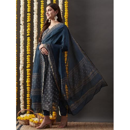 ANNI DESIGNER Women's Cotton Blend Straight Printed Kurta with Pant & Dupatta (Kabala Blue_L_Blue_Large)