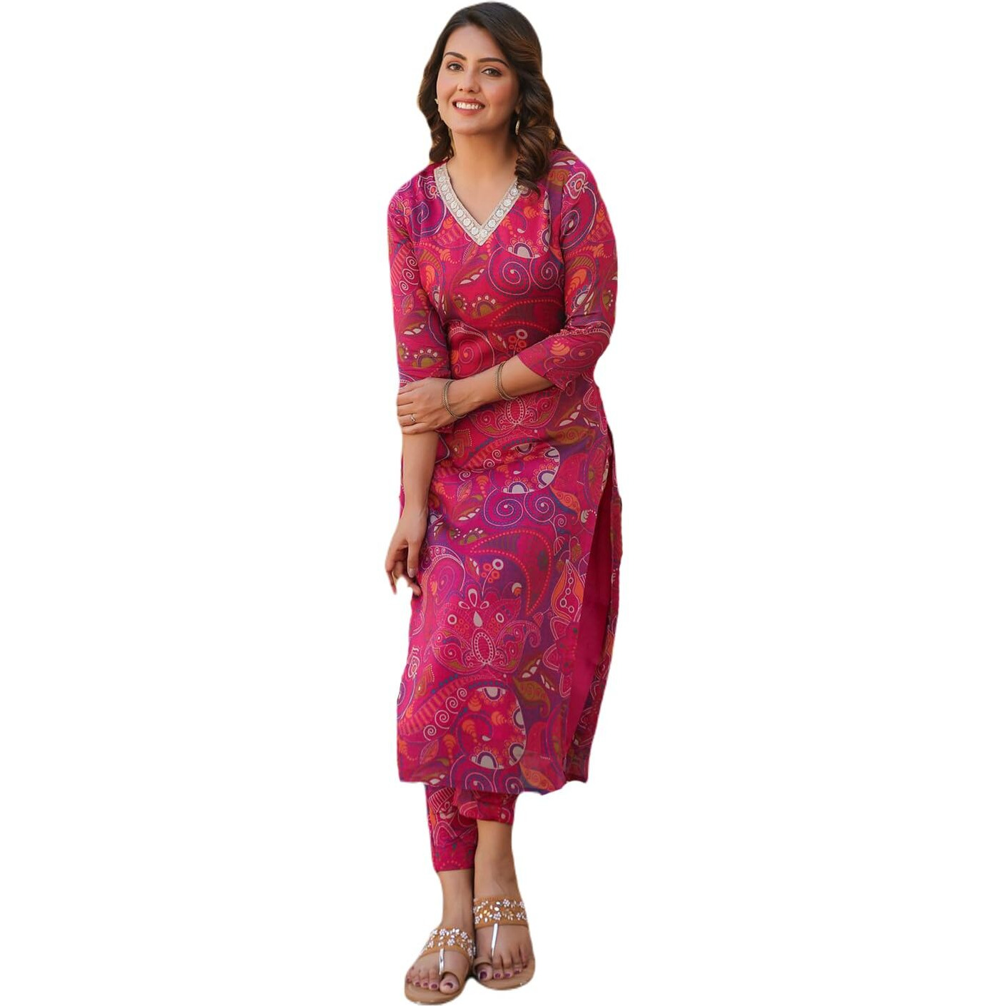 ANNI DESIGNER Women's Rayon Blend Straight Printed Kurta with Pant (Jijaji Pink_S_Pink_Small)
