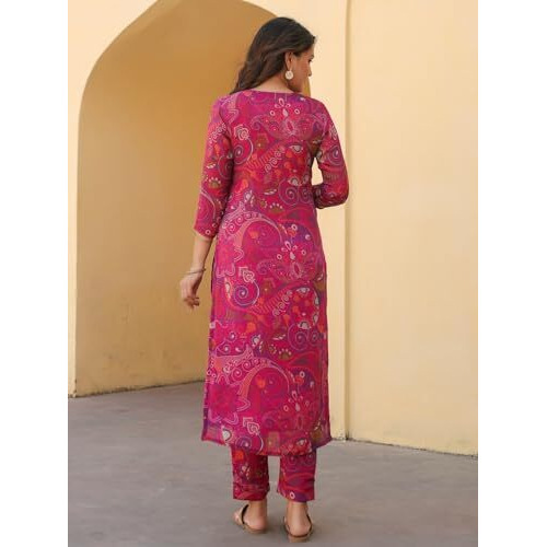 ANNI DESIGNER Women's Rayon Blend Straight Printed Kurta with Pant (Jijaji Pink_S_Pink_Small)