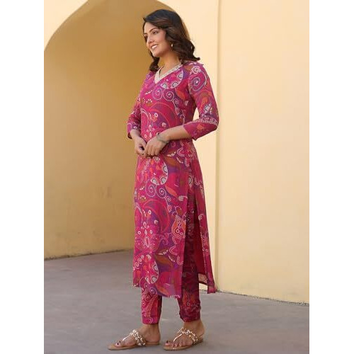ANNI DESIGNER Women's Rayon Blend Straight Printed Kurta with Pant (Jijaji Pink_S_Pink_Small)