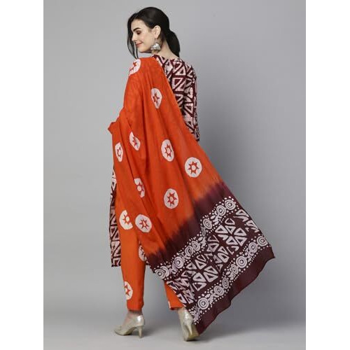 ANNI DESIGNER Women's Cotton Blend Printed Straight Kurta with Pant & Dupatta (Karka Op-Wine_S_Wine_Small)