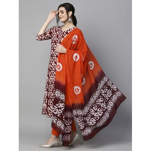 ANNI DESIGNER Women's Cotton Blend Printed Straight Kurta with Pant & Dupatta (Karka Op-Wine_S_Wine_Small)