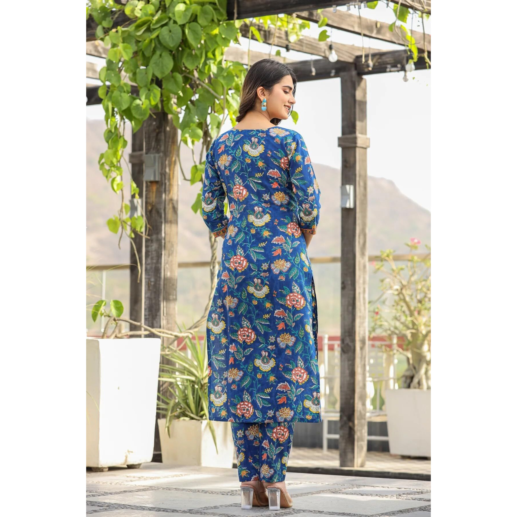 ANNI DESIGNER Women's Cotton Blend Printed Straight Kurta with Pant & Dupatta (JDP Blue_M_Blue_Medium)