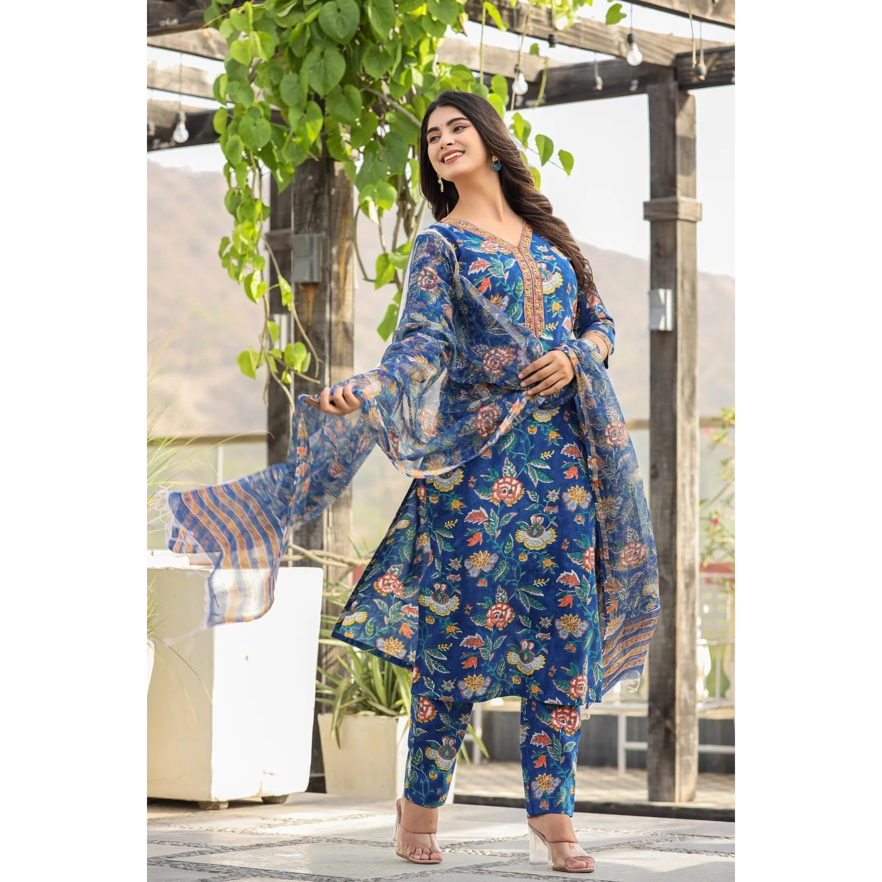 ANNI DESIGNER Women's Cotton Blend Printed Straight Kurta with Pant & Dupatta (JDP Blue_M_Blue_Medium)