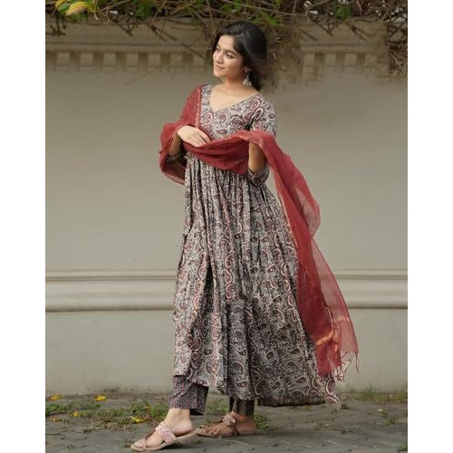 ANNI DESIGNER Women's Rayon Blend Anarkali Printed Kurta with Pant & Dupatta (Madipakam Maroon_L_Maroon_Large)