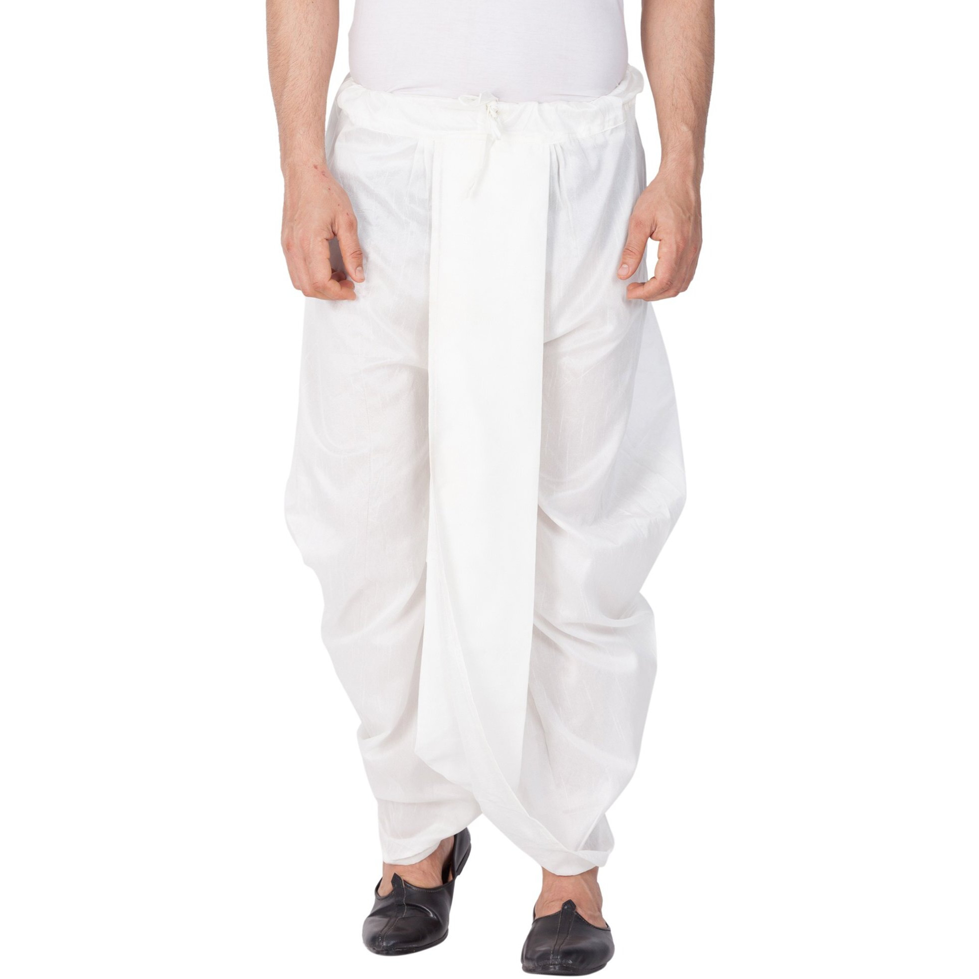 VASTRAMAY Men's White Silk Blend Readymade Elastic Traditional Dhoti  Comfortable Pre-Stitched Dhoti for Weddings, Festivals, and Special Occasions